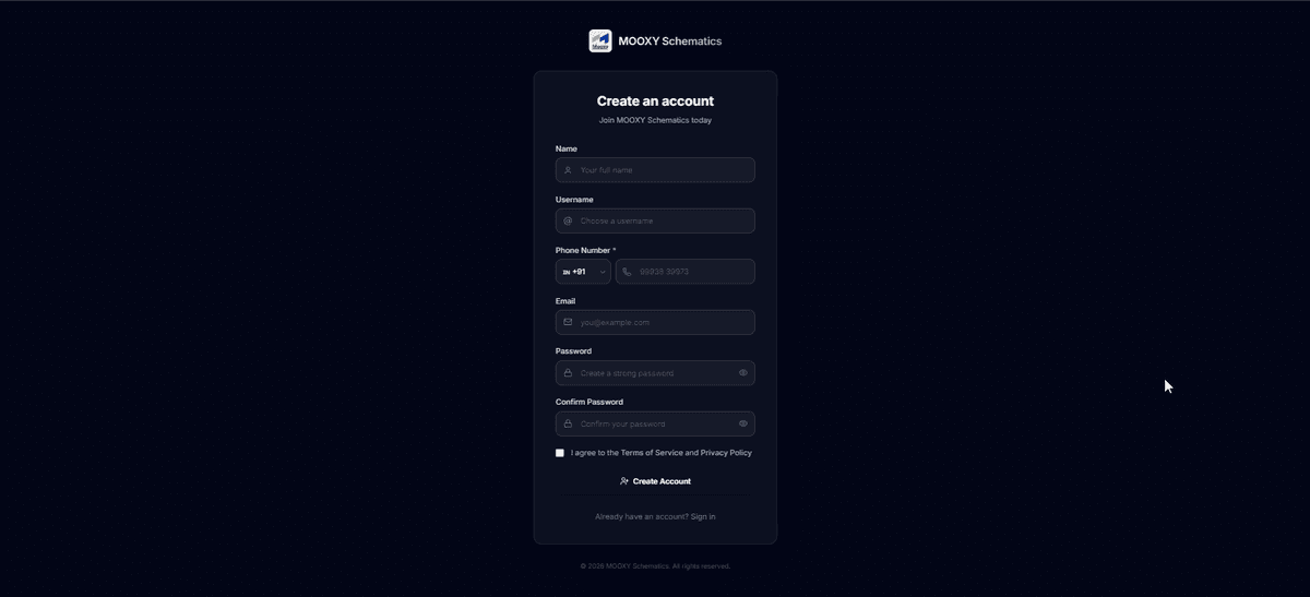 MOOXY Schematics Sign Up Page